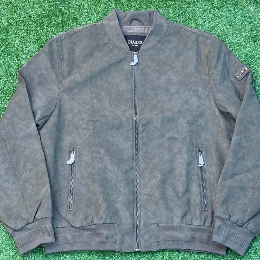 GUESS Eddy Stretch Old Printed Leather Jacket Olive Morning Zip Up New With Tag